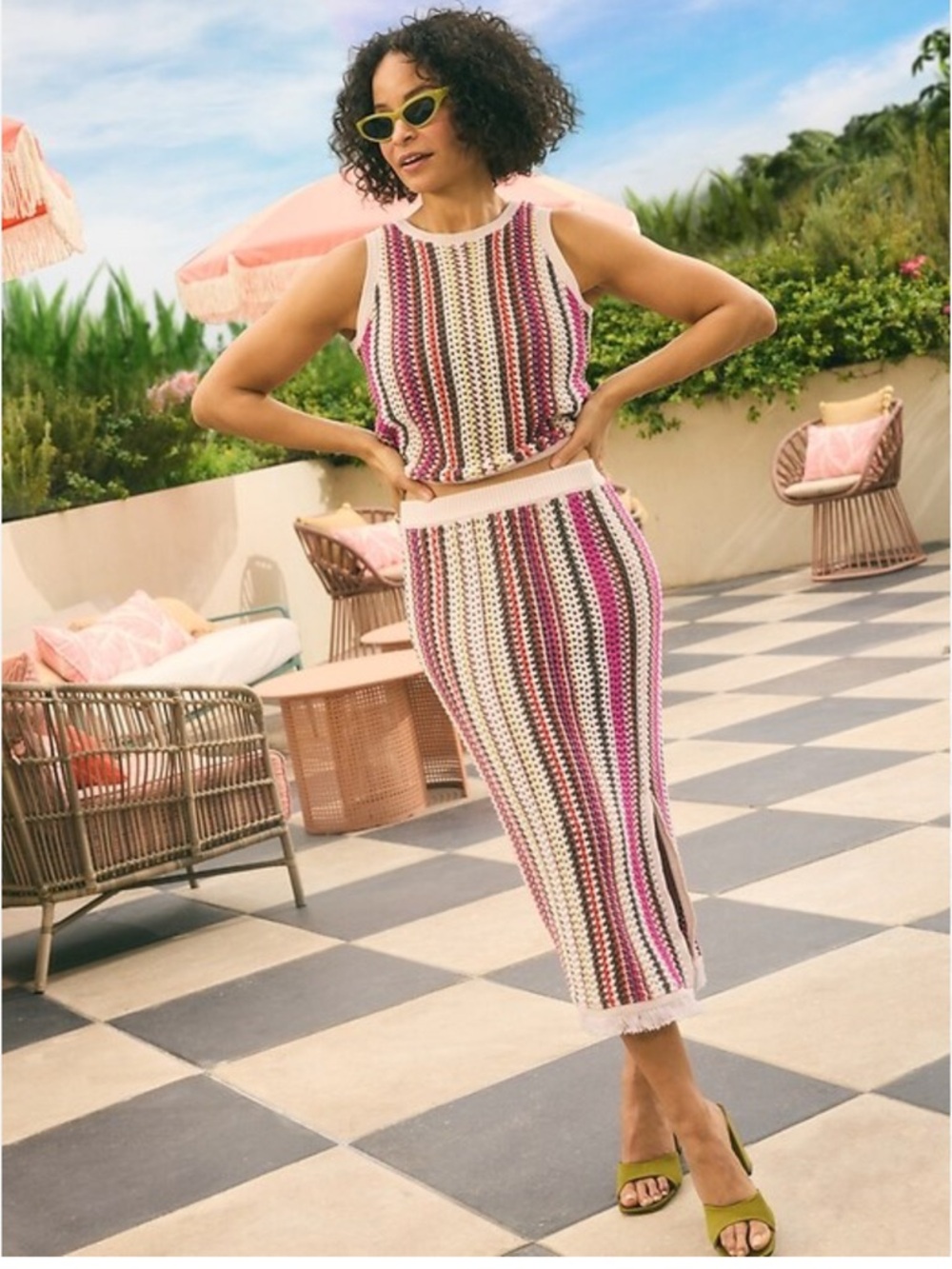 Old Navy Open Knit Stripe Midi Skirt and Tank Set Large NWOT